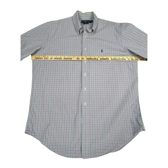 Ralph Lauren EUC Button Down Shirt Men's L Pink Blue Plaid Short Sleeve Cotton - Picture 5 of 9